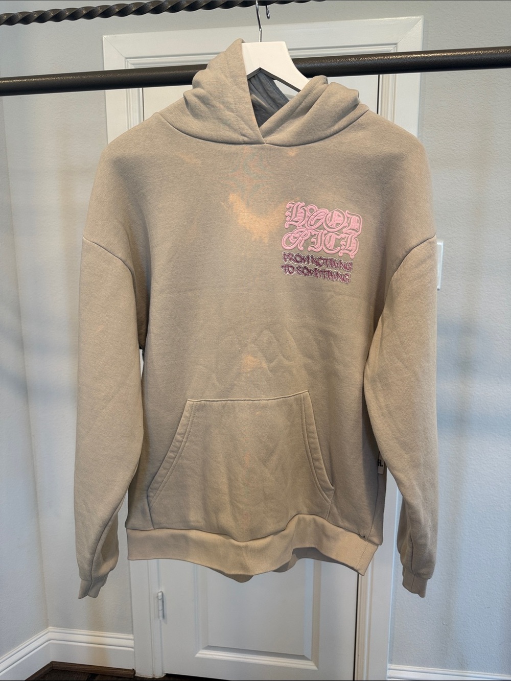 Hoodrich Taupe Hoodie with Pink Script Logo size S oversized